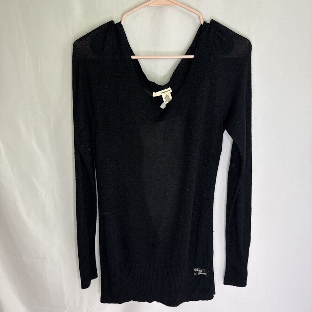 DKNY Jeans Women's Long Sleeve‎ V-Neck Sweater, Black Open Back Size Medium